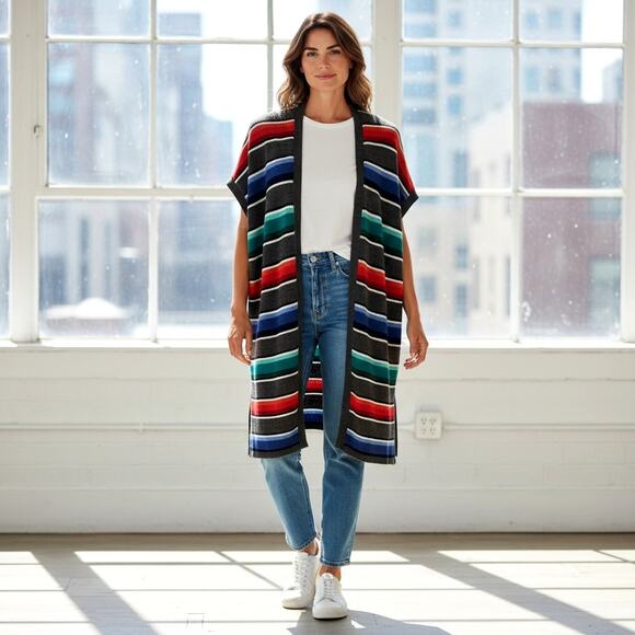 Vintage Sweaters - Jacque & Koko Vintage 80s Striped Knit Open Cardigan Wool Blend Size XL